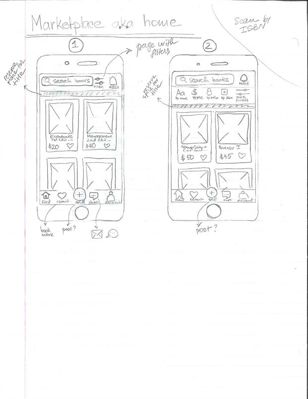 paper wireframe of the homepage