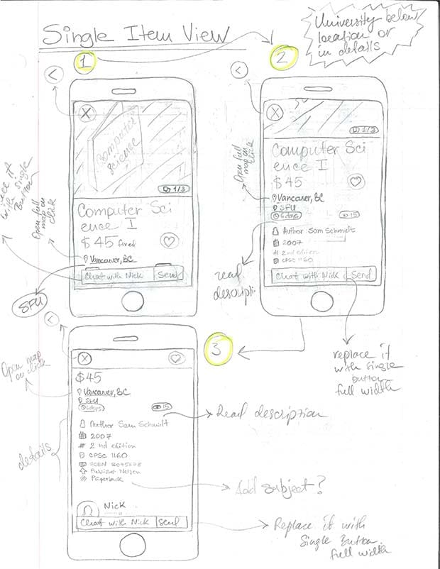 paper wireframe of the single product view